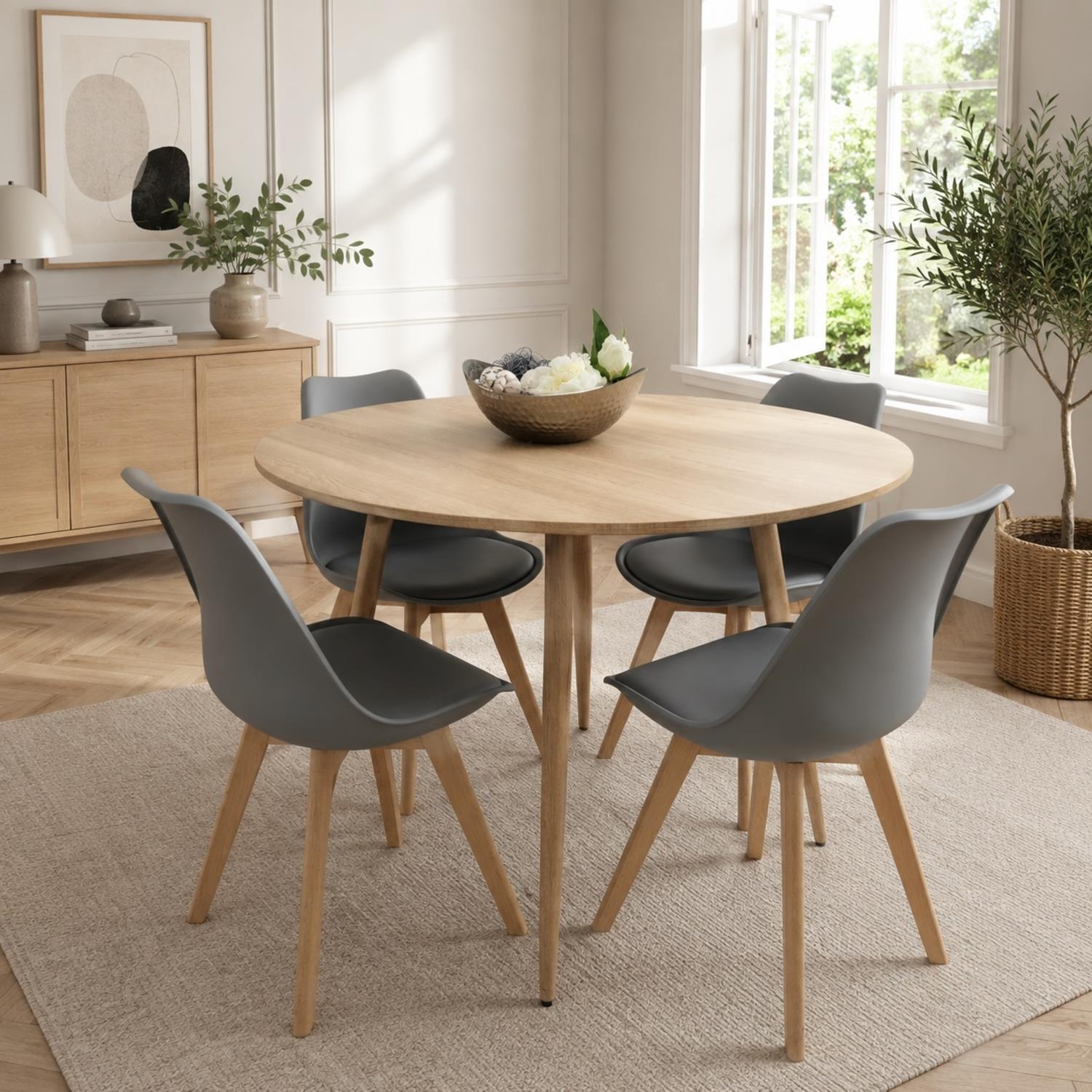 Modern Round Dining Table Set With 4 Grey Chairs Dining Furniture