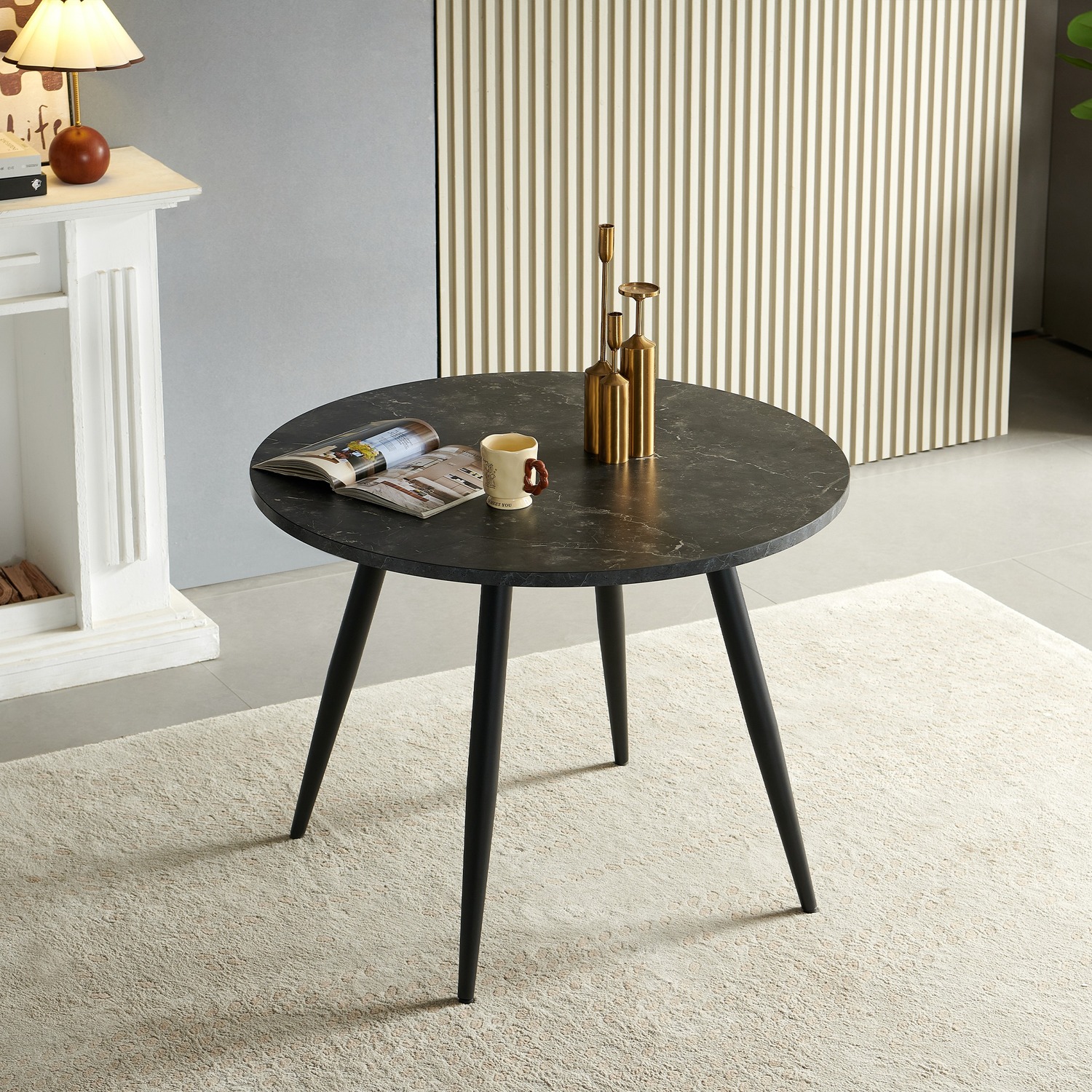 Sonara Unisex Black 100Cm Round Dining Table With Wooden Top & Round Metal Legs In | : 100 Cm X 100 Cm - Image 3