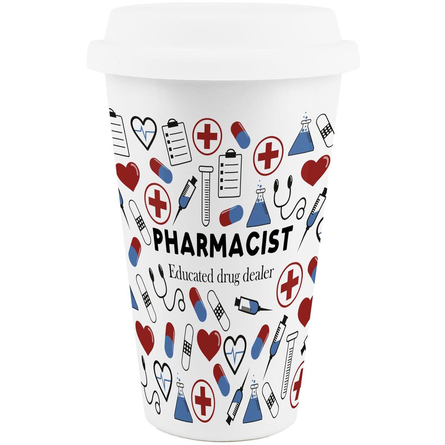 Purely Home Novelty Pharmacist Ceramic Travel Mug - Reusable Drinks Cup Gift - White