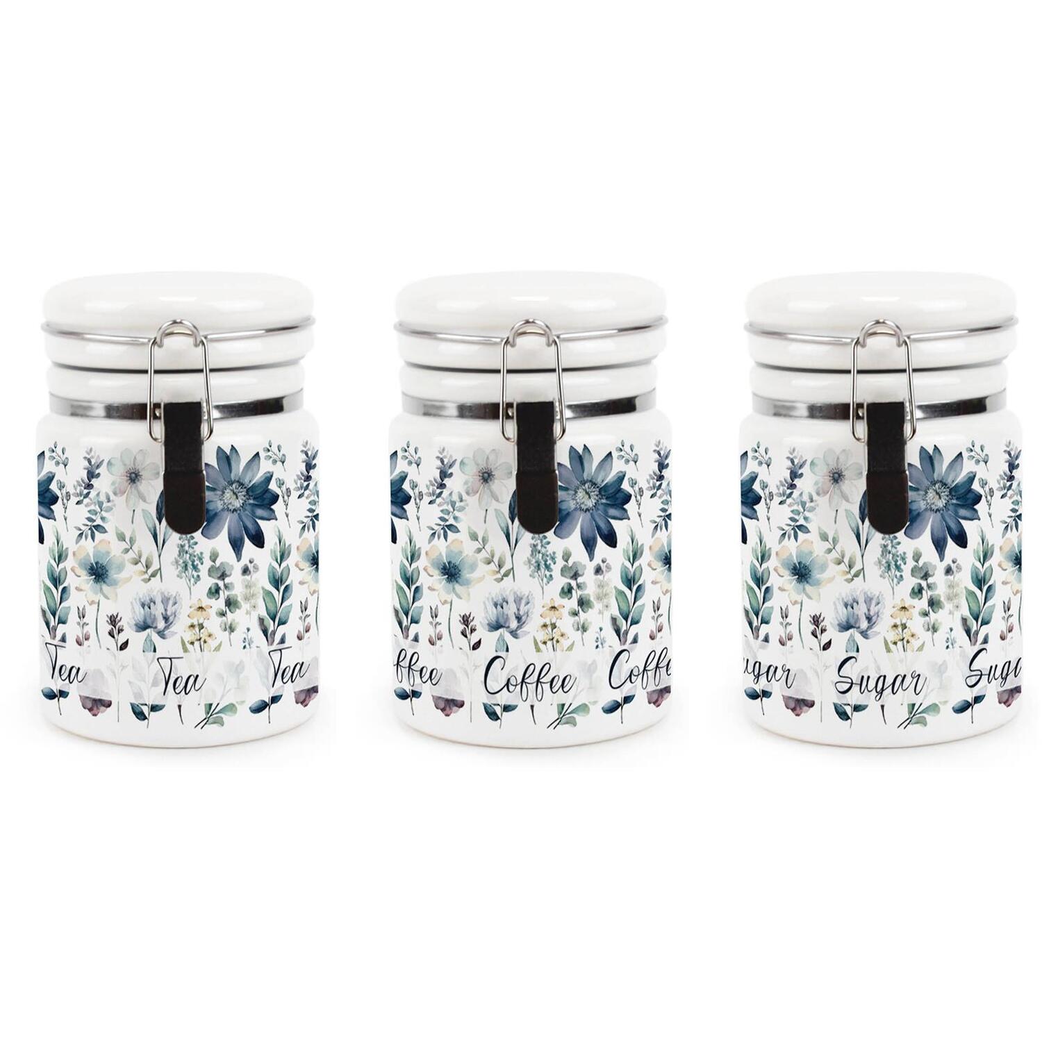 Ceramic Clip-Lid Blue Flowers Canisters - Floral Tea, Coffee & Sugar Containers - Image 3