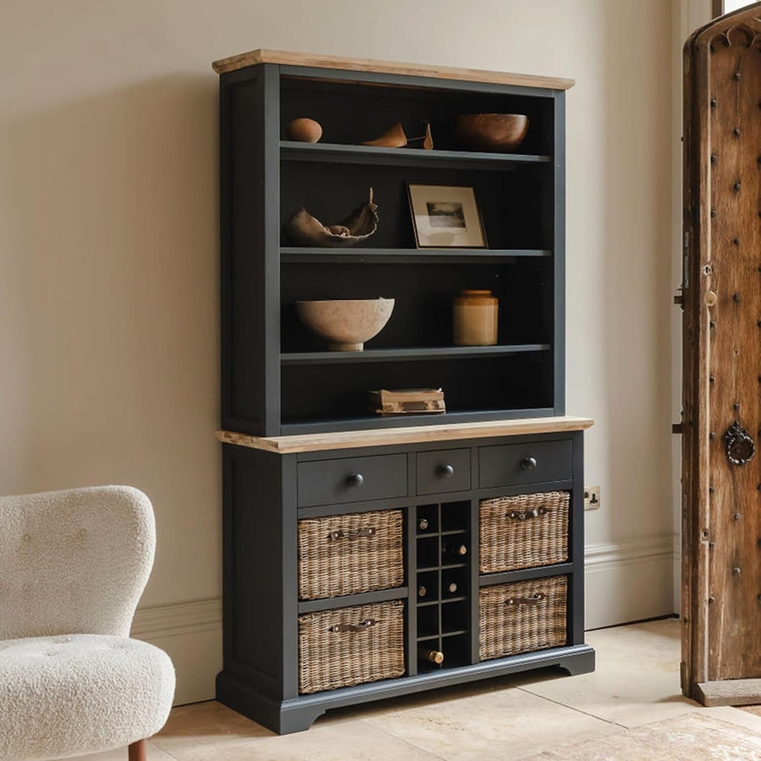 Florence Display Cabinet with Shelves, Storage Baskets, Drawers and Wine Rack - Dove Grey - Navy Blue