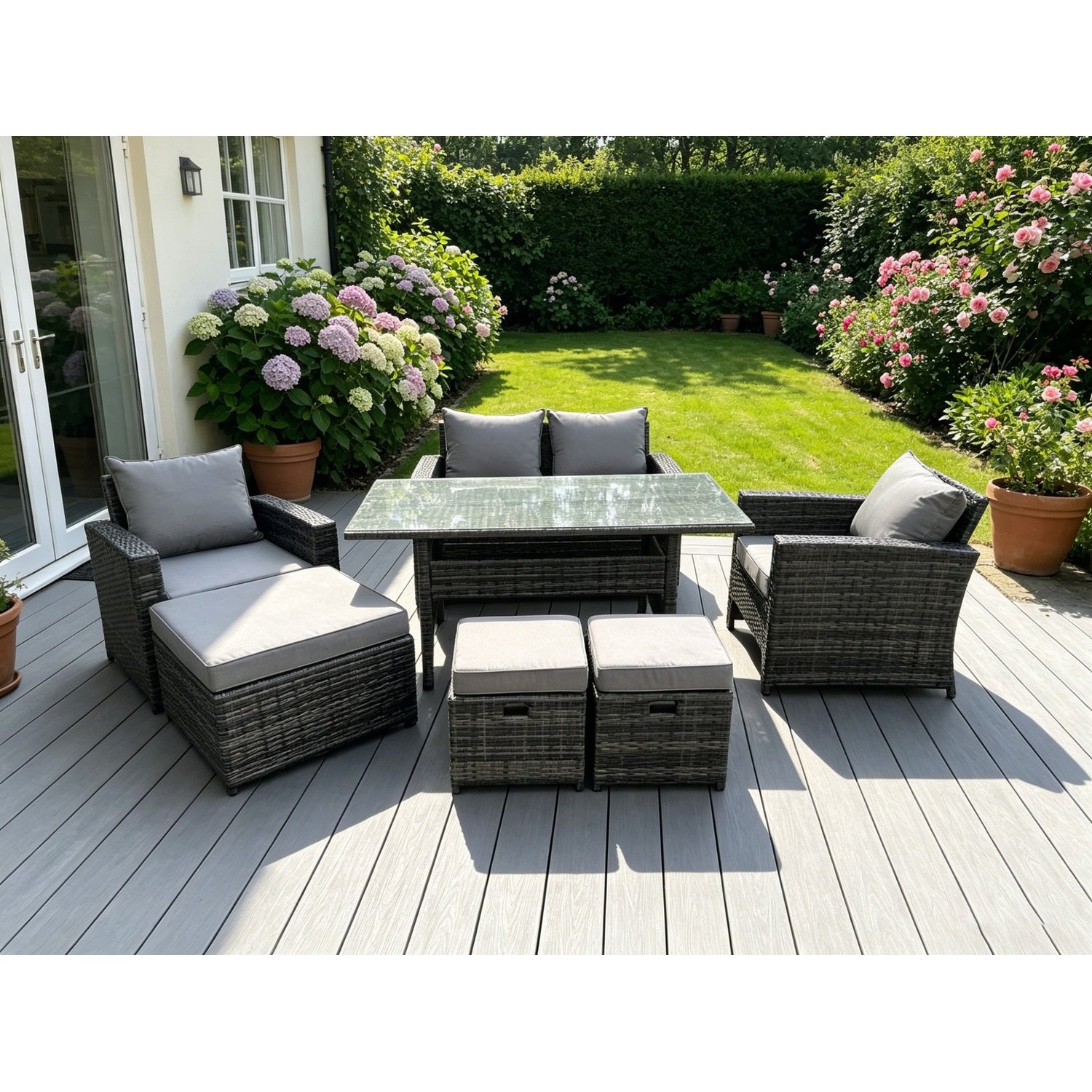 Rackhams Grey 7 Seater Mixed High Back Rattan Sofa Set Dining Table Garden Furniture Outdoor - Image 2