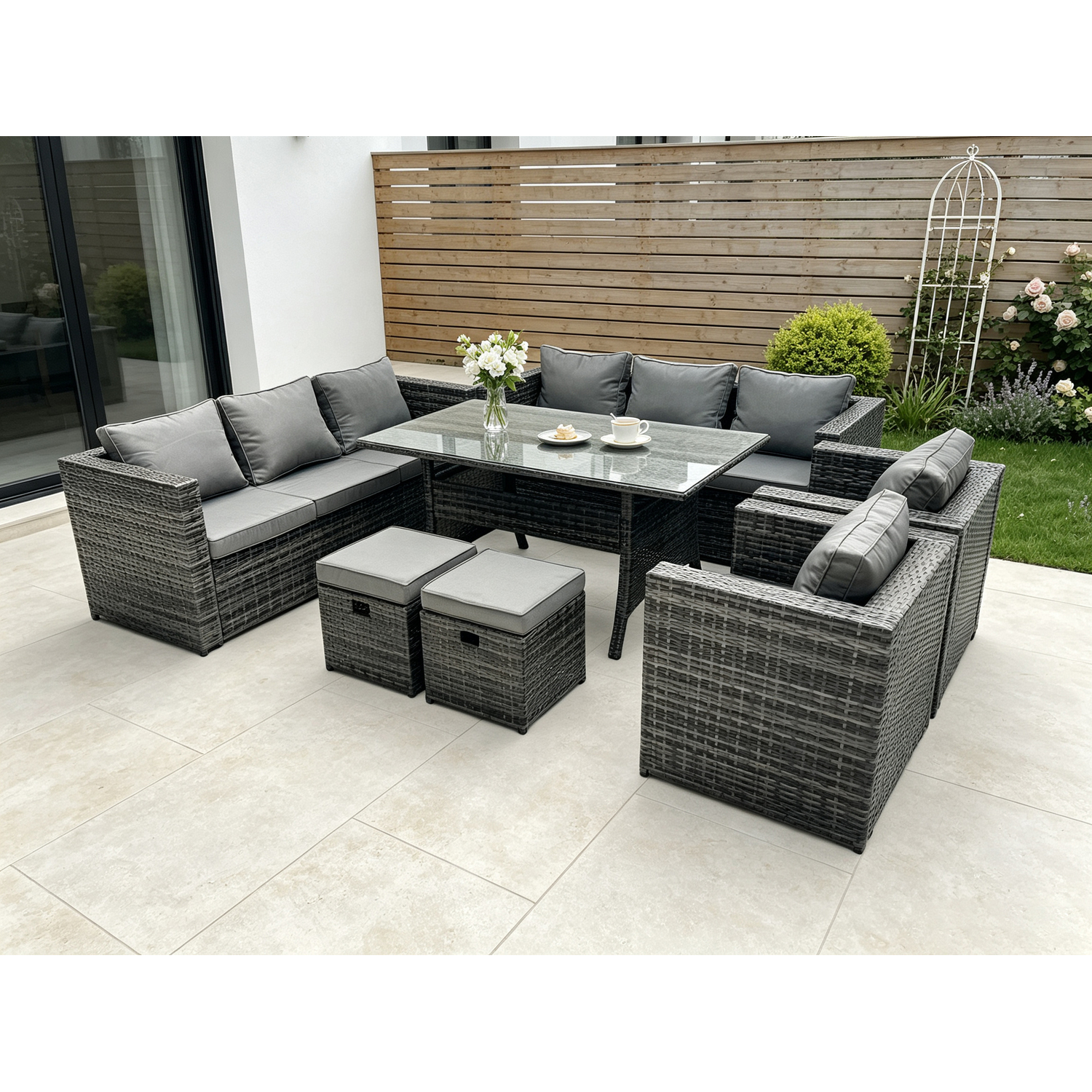 Fimous Outdoor Lounge Sofa Garden Furniture Set Patio Rattan Rectangular Dining Table With 2 Armchair 2 Small Footstools10 Seater - Image 3