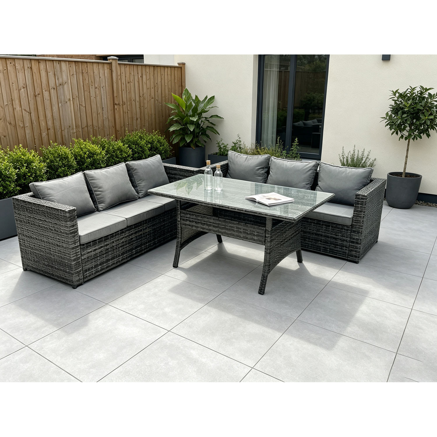 Fimous Dark/Grey Pe Wicker Outdoor Garden Furniture Set Patio Rattan Rectangular Dining Table Lounge Sofa 6 Seater Mixed - Image 2