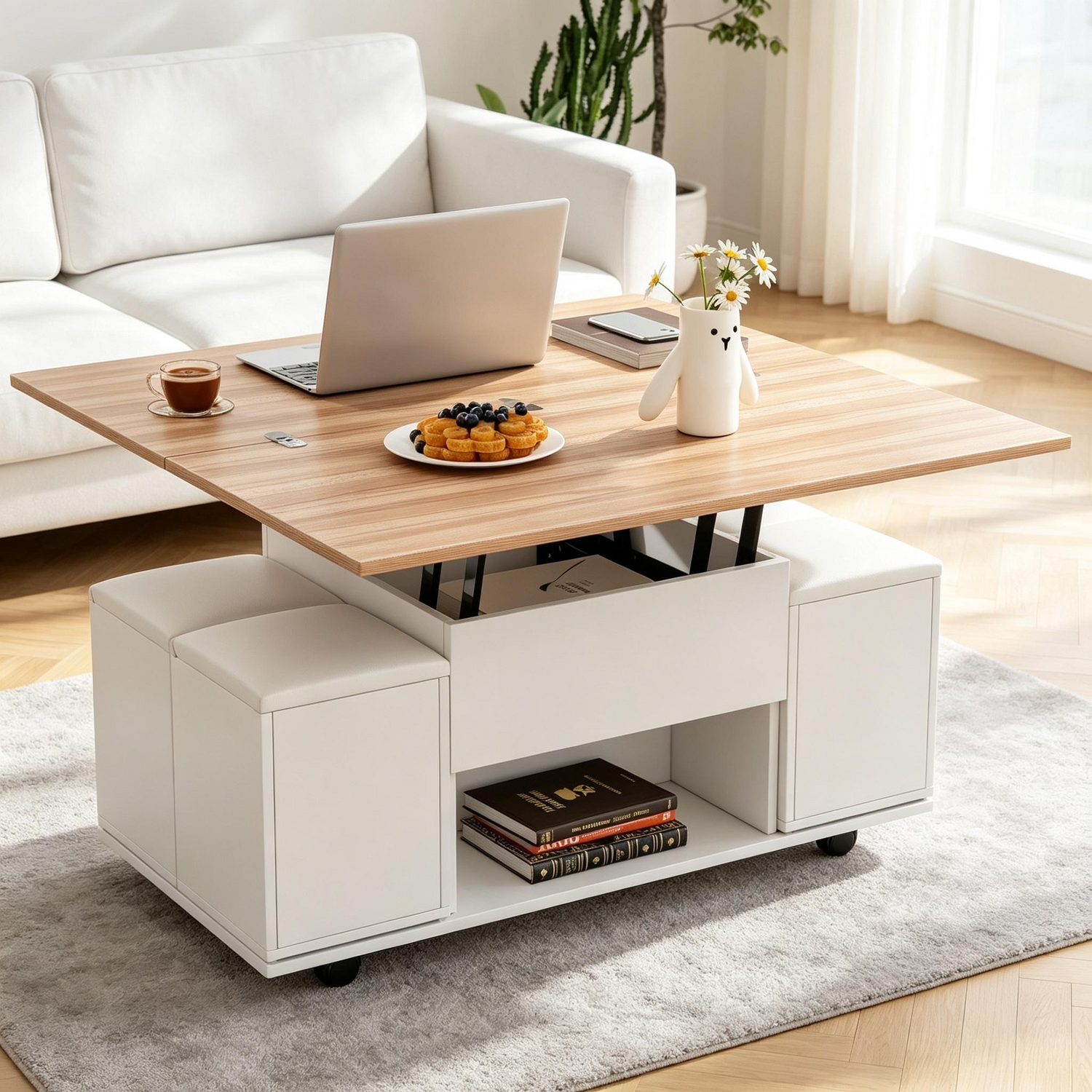 Aka Lift Up Coffee Table With Storage, White - Natural+White