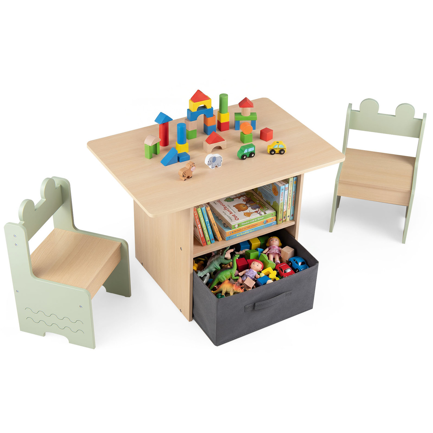 Costway Wooden Toddler Activity Table Set With Open Compartments - Green