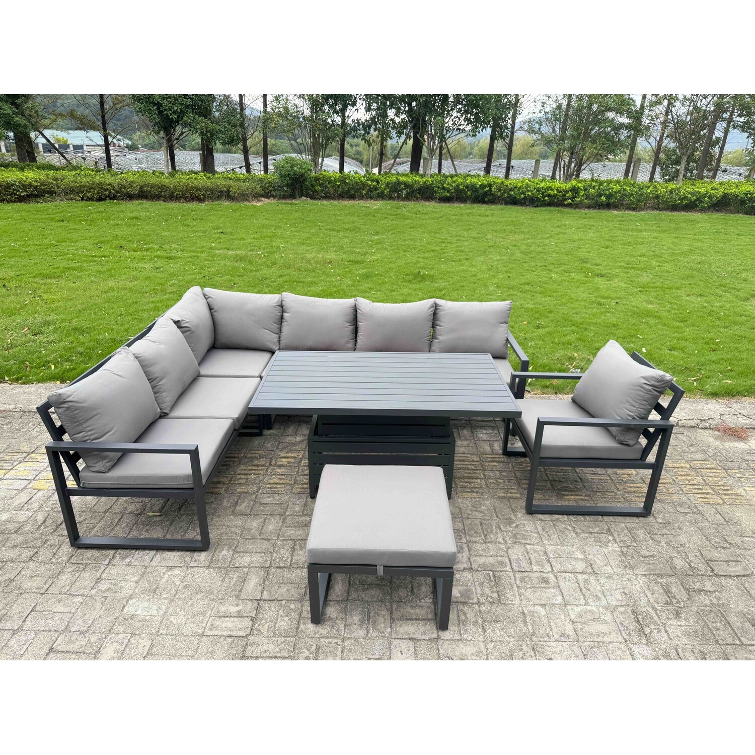 B&Q - Aluminium Garden Furniture Sets,8 Seater Outdoor With Adjustable Rising Lifting Dining Table Cushions Dark Grey - Image 3