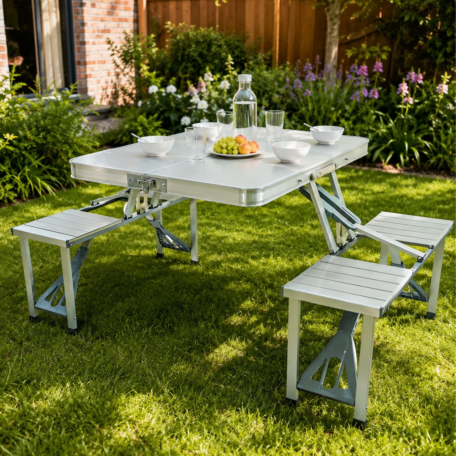 Gr8 Garden Aluminium Folding Camping Picnic Table & Chairs Set Portable Outdoor Bench - Silver