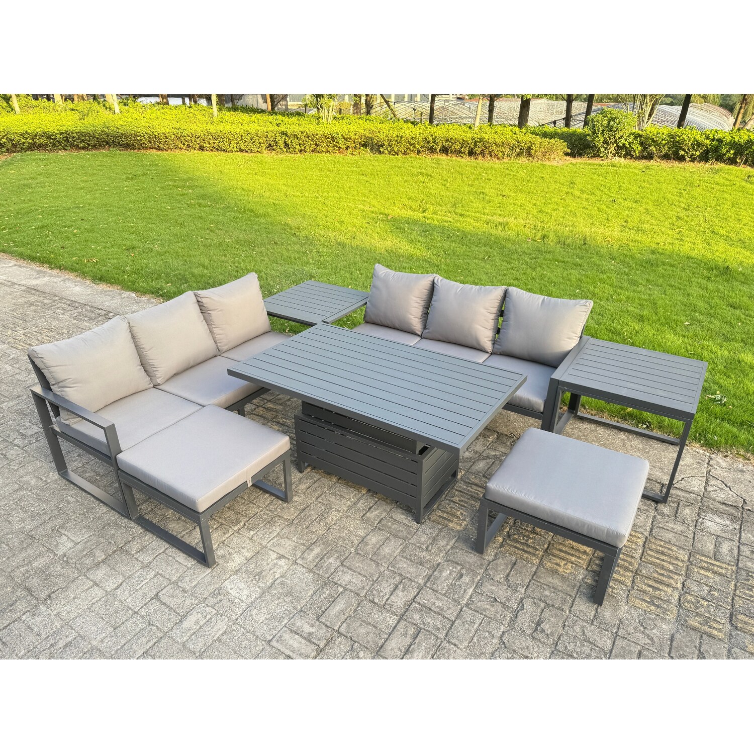 Rackhams Dark/Grey 8 Seater Garden Furniture Set Aluminium Adjustable Rising Lifting Dining Table And Sofa With 2 Side Tables 2 Footstools - Image 2