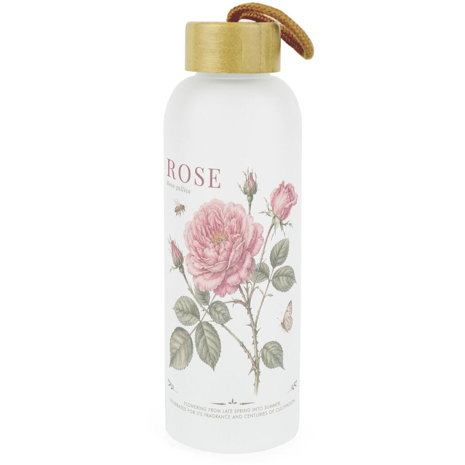 Rose Flora Studies Frosted Glass Water Bottle & Wooden Lid, Reusable Gift - Image 2