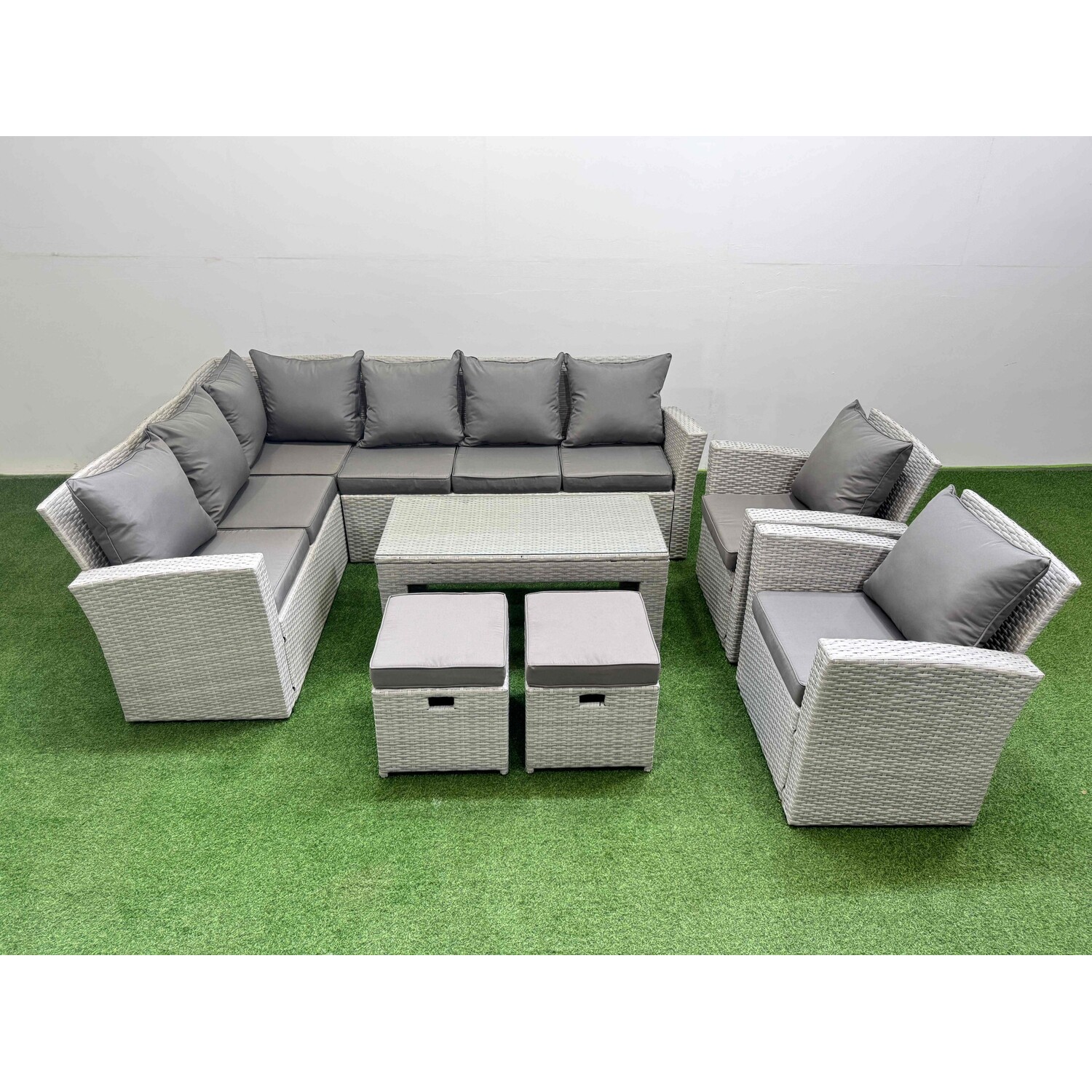Fimous Unisex Light Grey Outdoor 10 Seater Corner Sofa Sets With Chair 2 Stool Small - Image 2