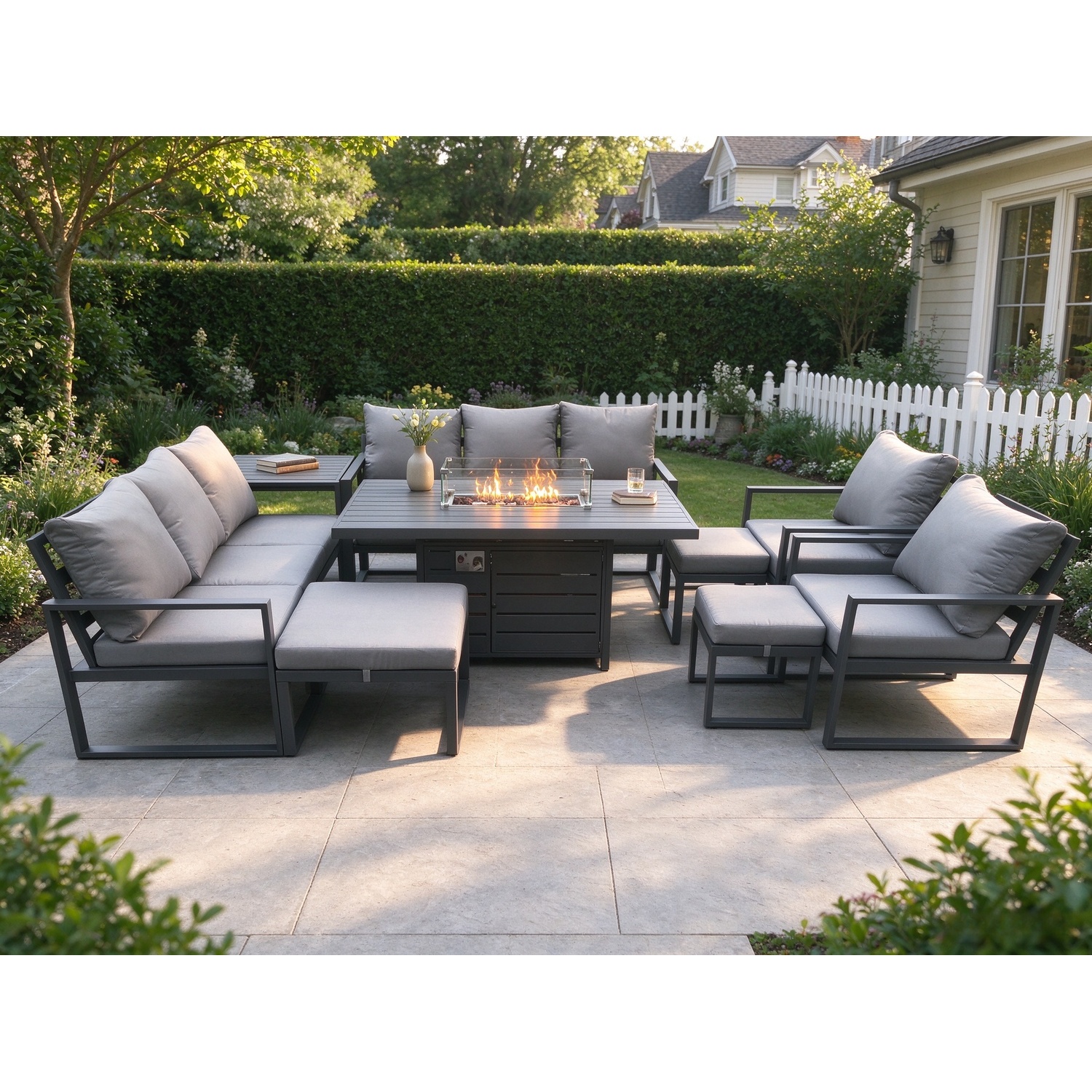 Fimous Aluminium Outdoor Garden Furniture Set Patio Lounge Sofa Gas Fire Pit Dining Table Set With 3 Footstools Dark Grey - Image 3