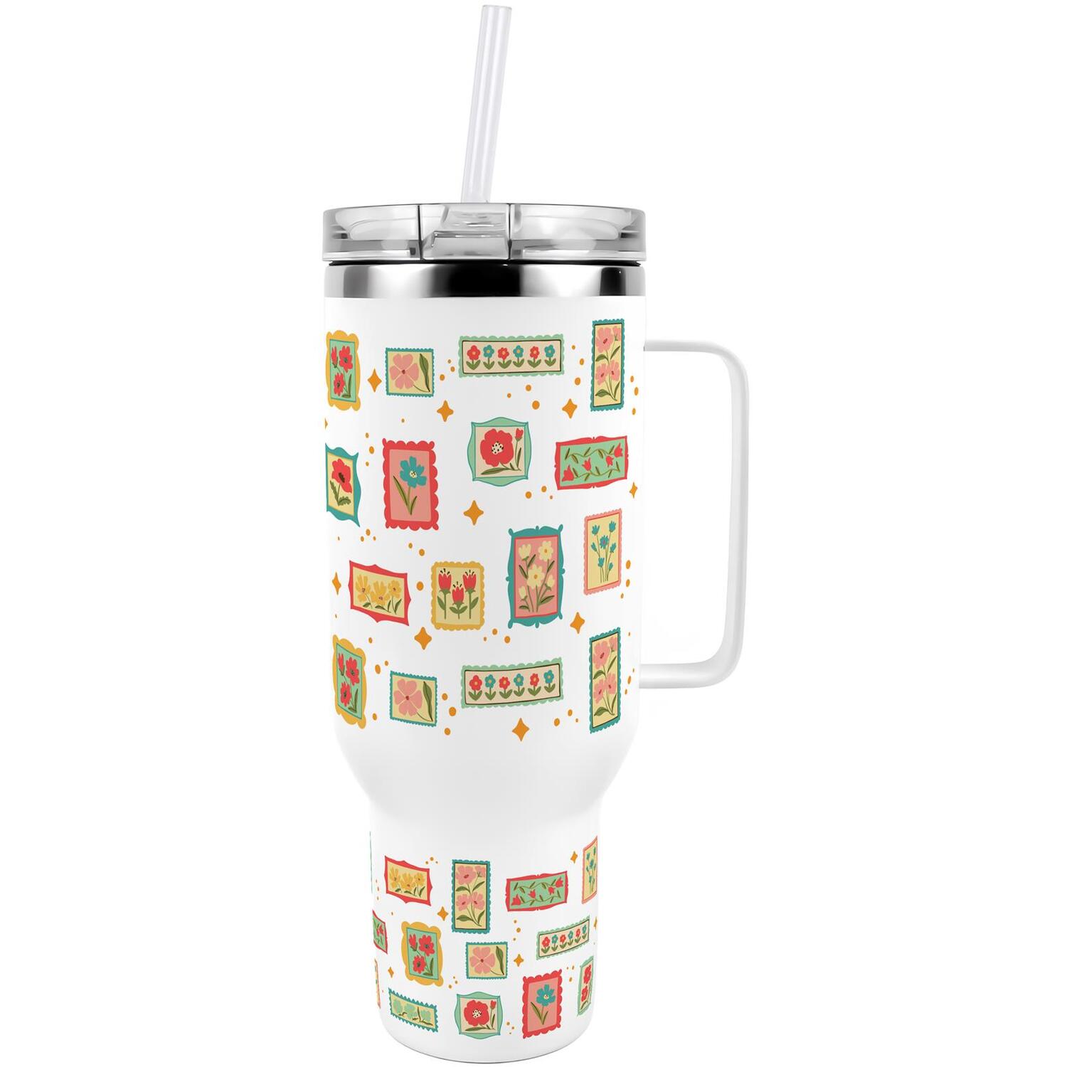 B&Q -  Floral Frames40Oz Stainless Steel Xl Travel Cup With Straw And Lid - Image 3