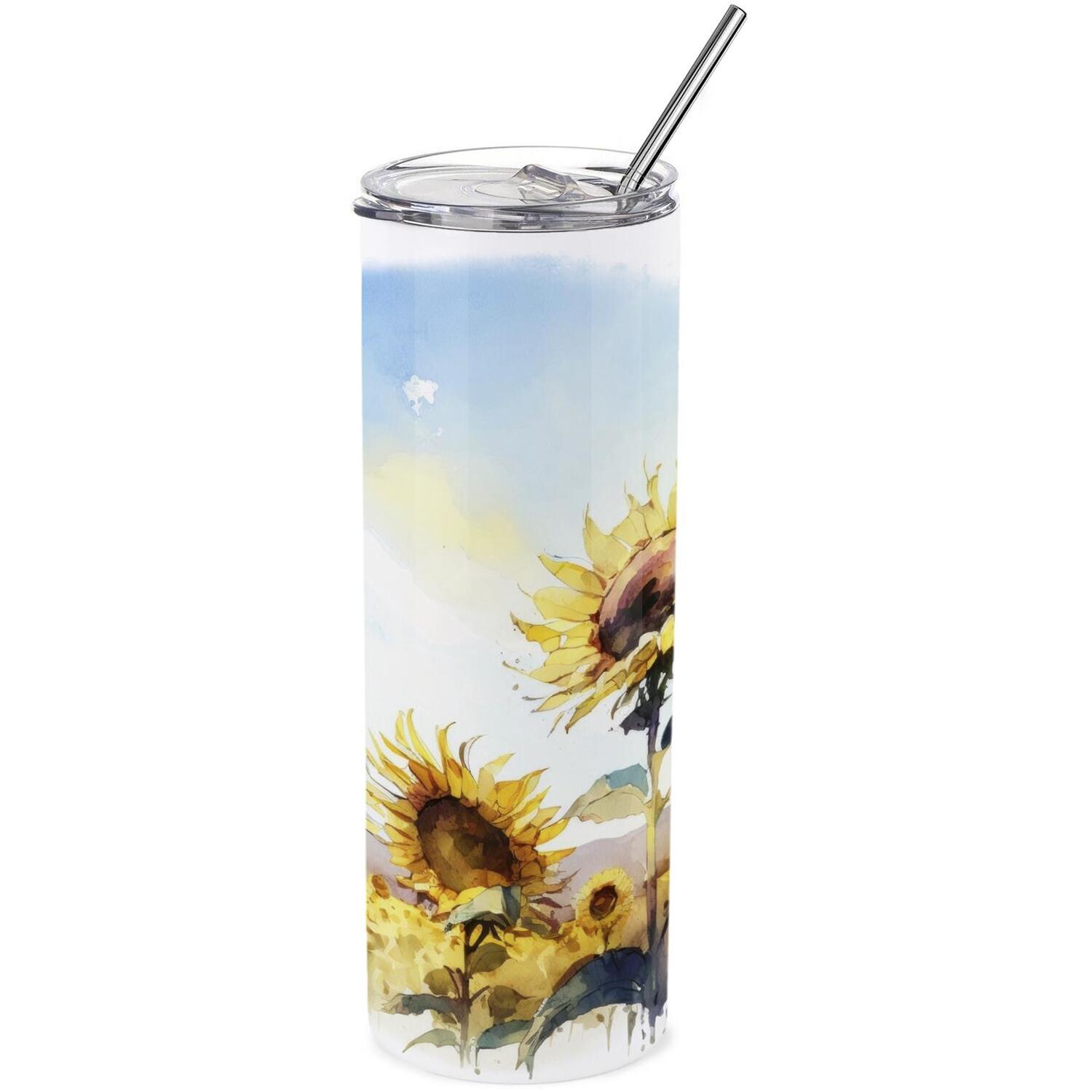 B&Q - Sunflower Travel FlaskYellow Flowers Sushine GiftReusable Stainless Steel Vacuum-Sealed Double-Walled Drinks Cup With Straw - Image 2