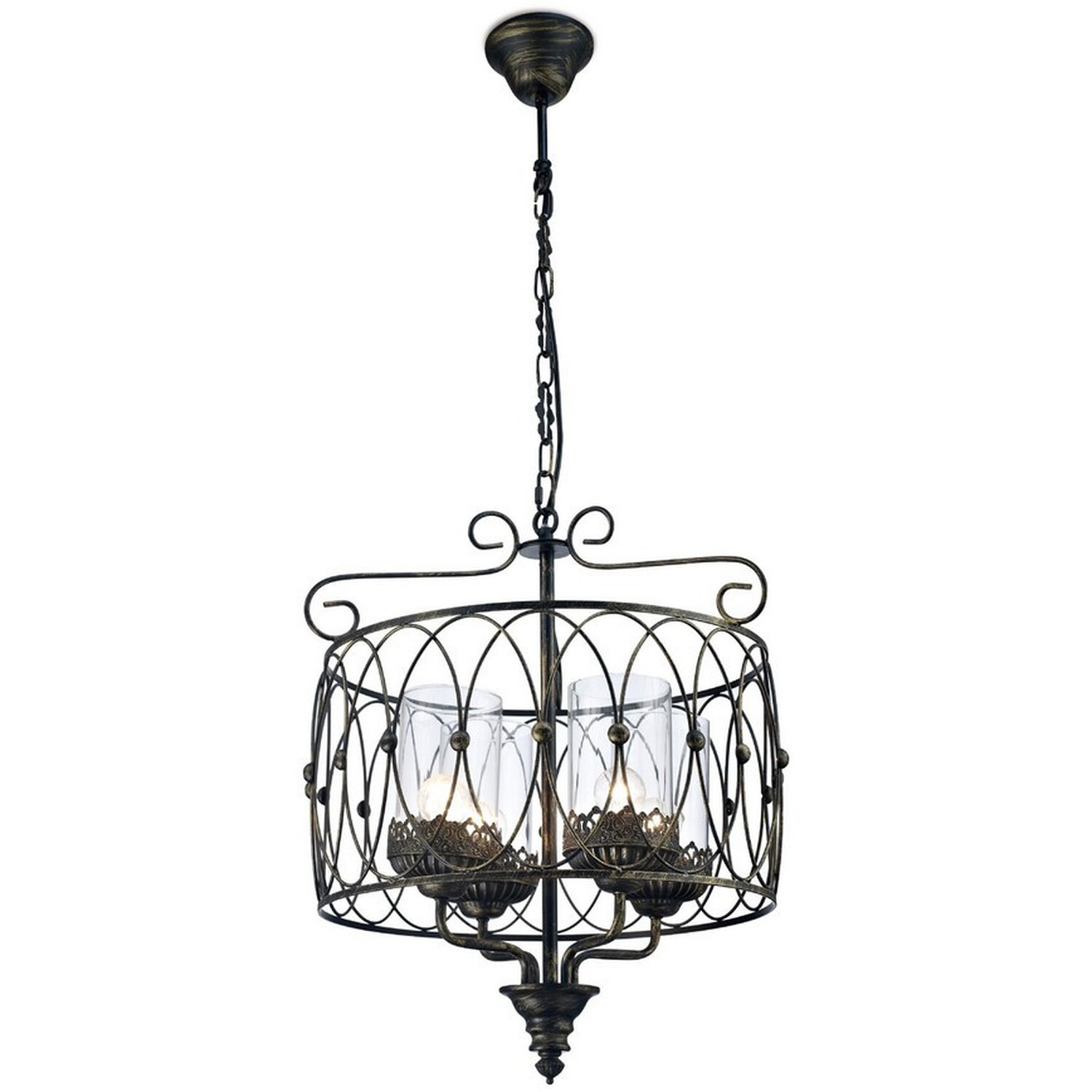 Inspired Malcolm Caged Ceiling Pendant 4 Light E27 Black, Gold With Clear Glass - Black Gold