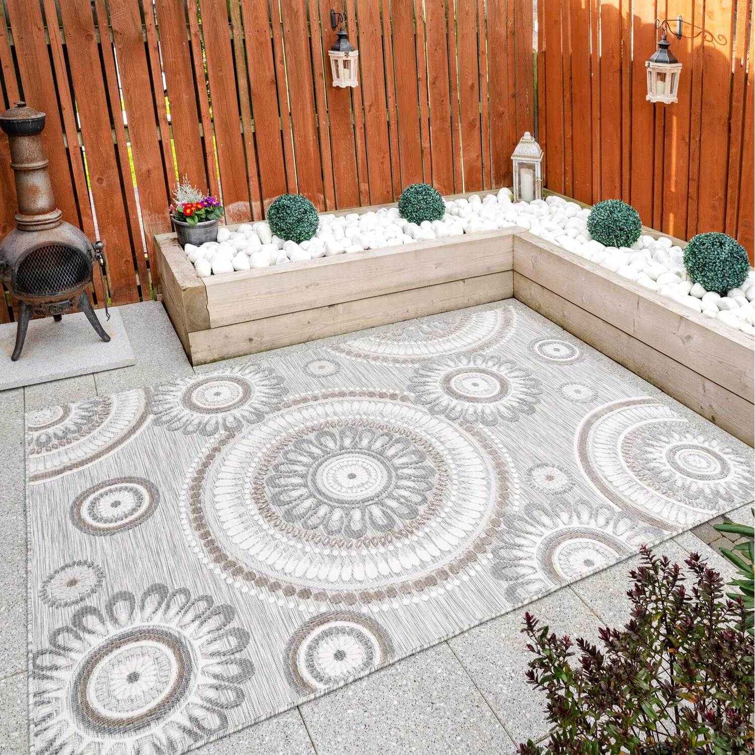 The Rug House - Stone Greige Floral Mandala Textured Flatweave Indoor Outdoor Rug - Stone / 330 x 230cm thumbnail