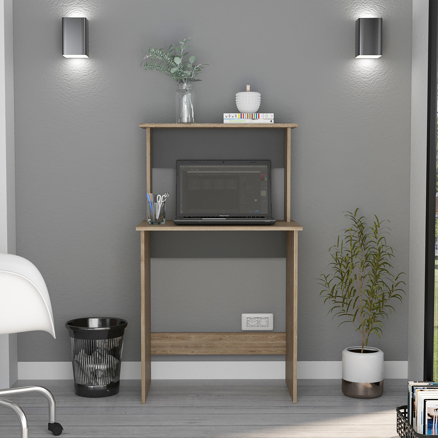 Vegas Home Office Workstation And Chair Set Vg108 And Lfch26-bk - Bleached Oak Effect And Grey