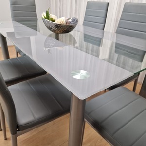 Grey Grey Glass Dining Table and 6 Faux Leather Chairs Set shot 4217646