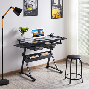 Adjustable Glass Drafting Table with 2 Drawers and Storage