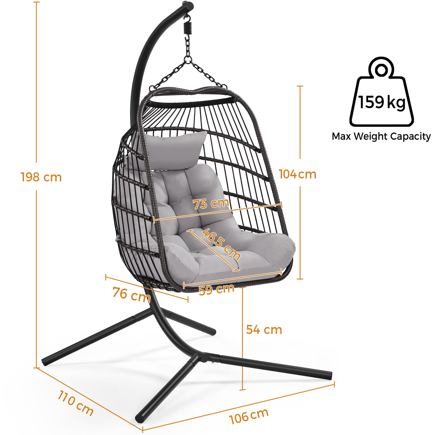 Foldable Rattan Swing Chair For Garden Outdoor Indoor - Black Grey