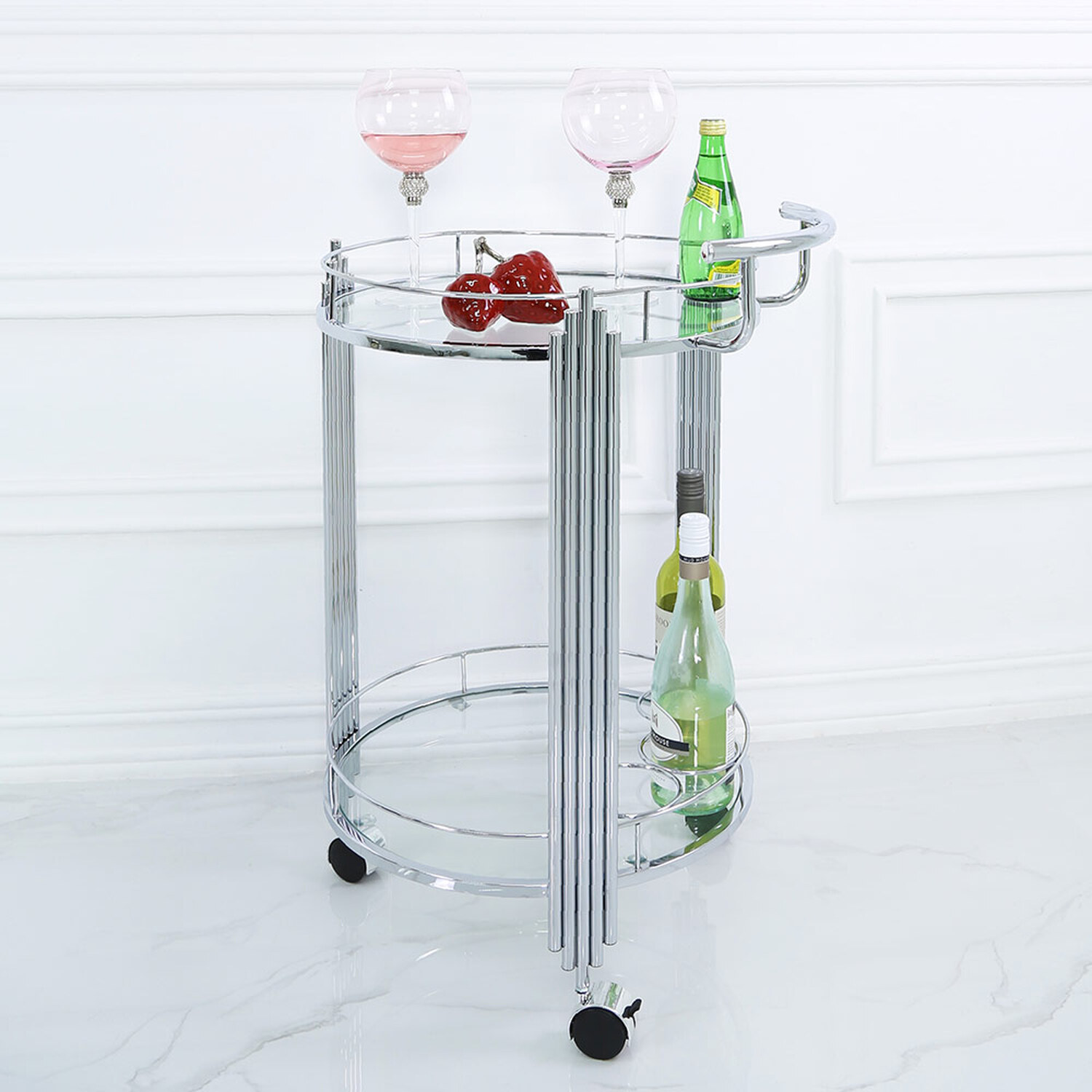 2 Tier Glass Serving Drinks Trolley Bar Cart - Silver