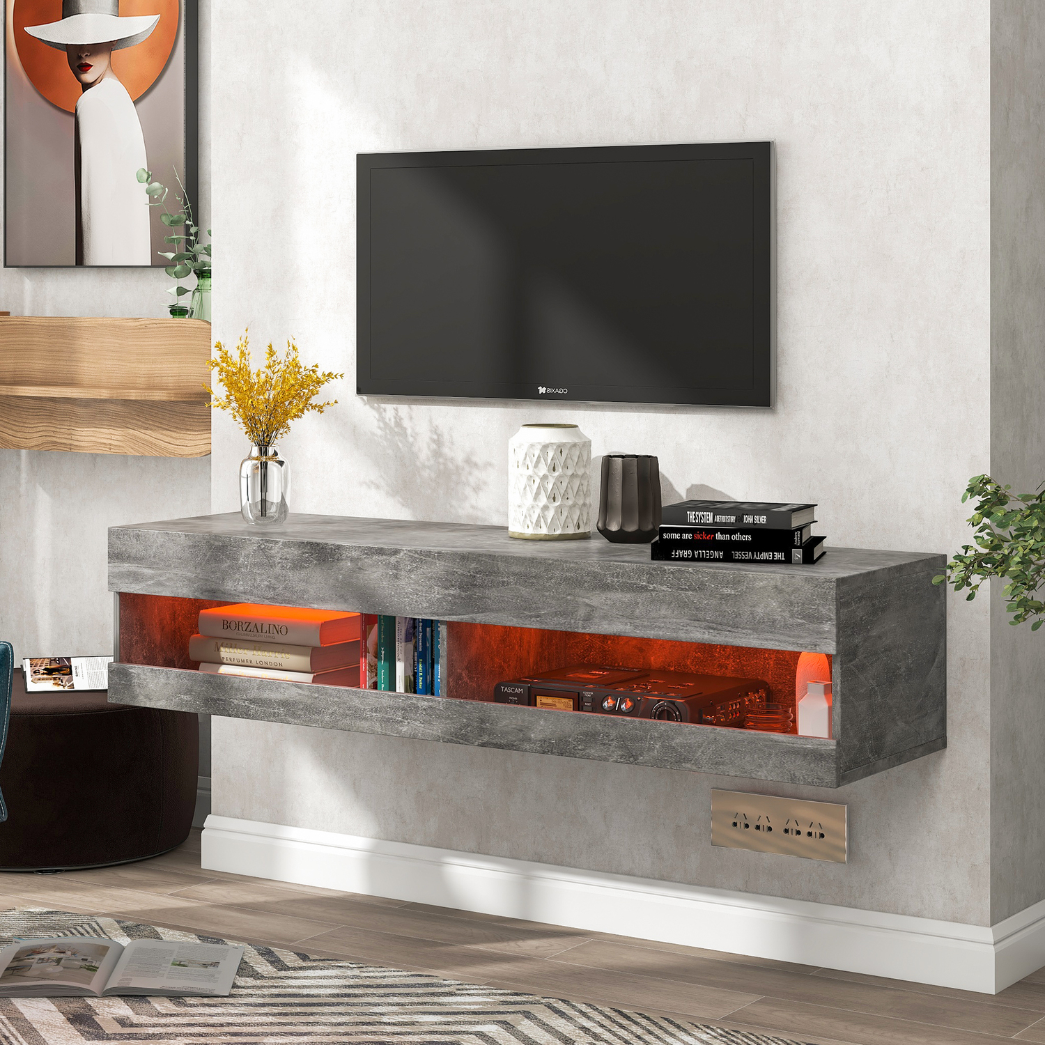 Floating Tv Stand Media Console Storage Shelf With Led Lights - Grey