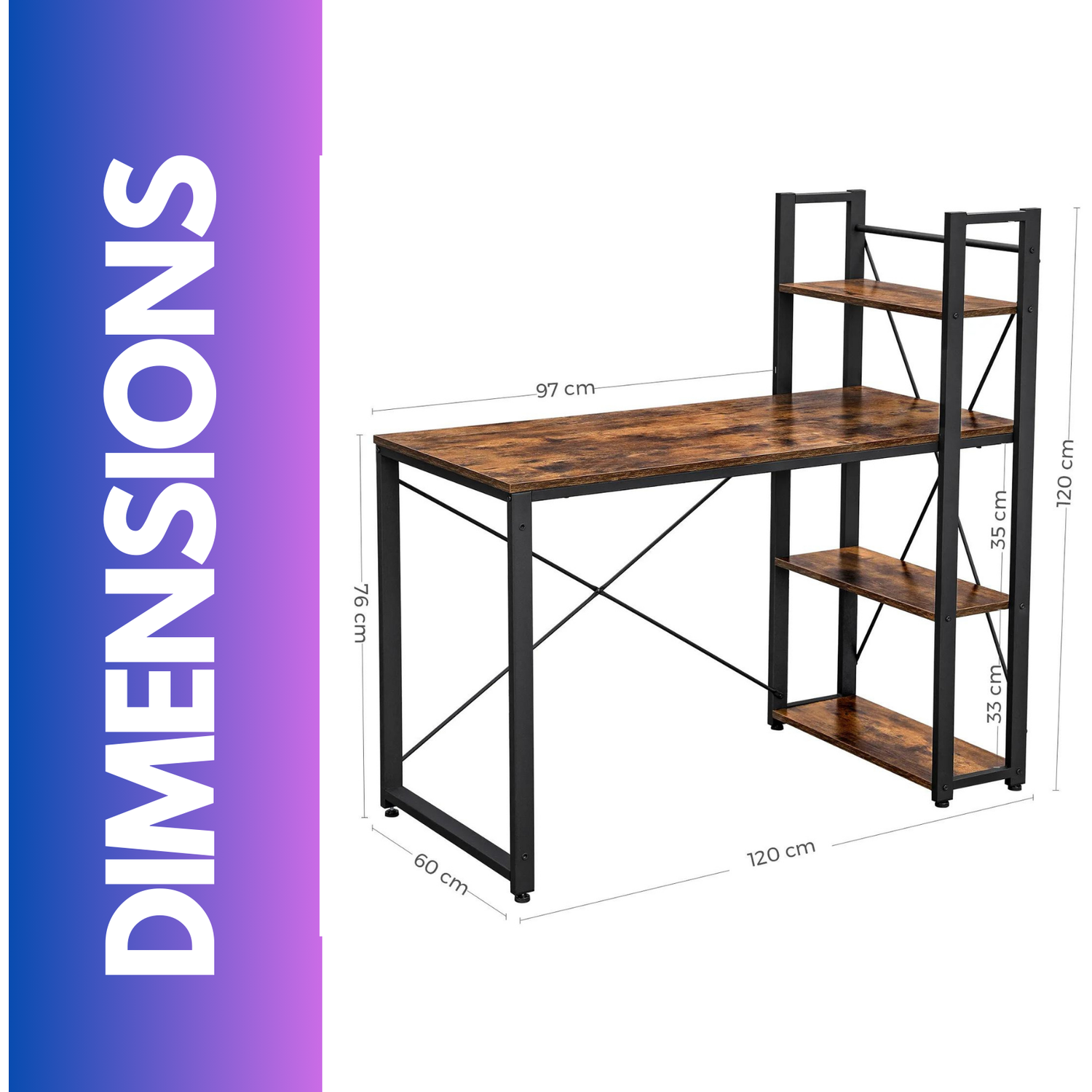97cm Wide Computer Desk With 3 Shelves Rustic Brown - Brown