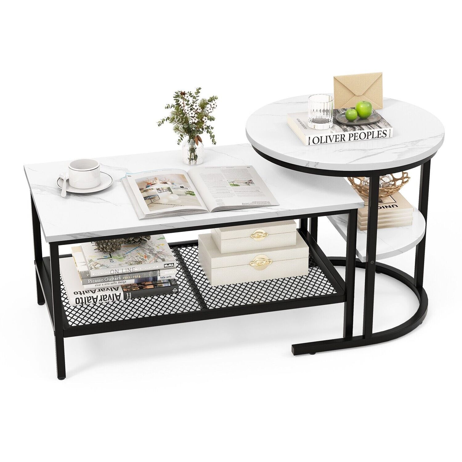 Faux Marble Stacking Sofa Side End Table - White
