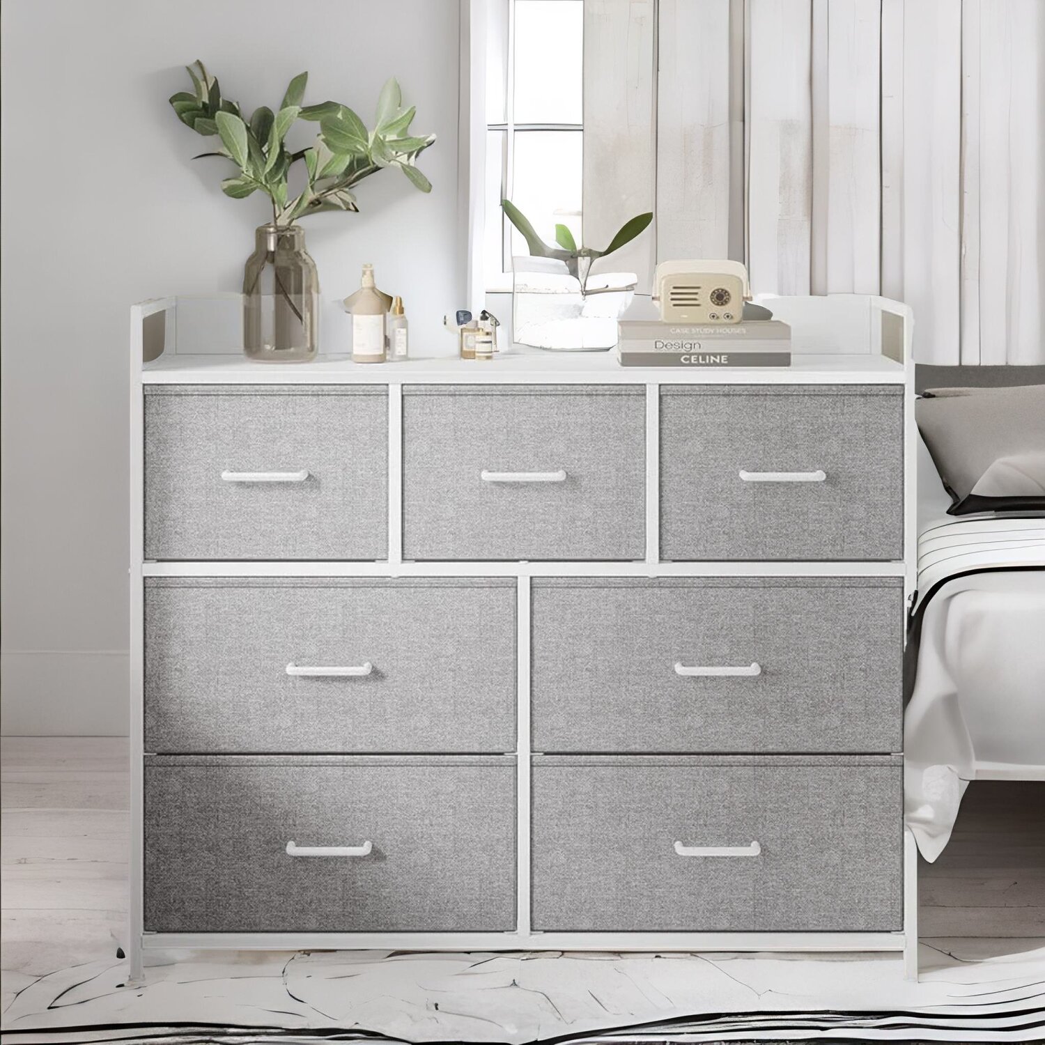 Industrial Bedroom Chest With 7 Fabric Drawers - Light Grey
