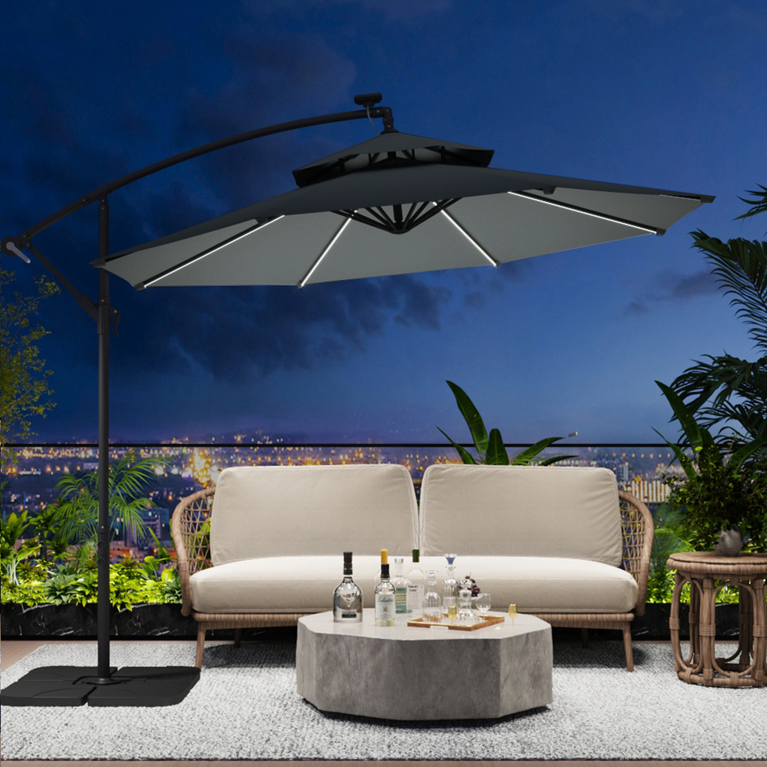 3m Cantilever Parasol With Lights And Fillable Base - Dark Grey 1 Outdoor Polygon Parasol And 1 Hdpe Parasol Base