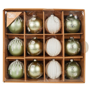 Set of 12 Mistletoe Cottage Glitter Baubles