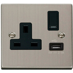 Stainless Steel 1 Gang 13A DP 1 USB Switched Plug Socket