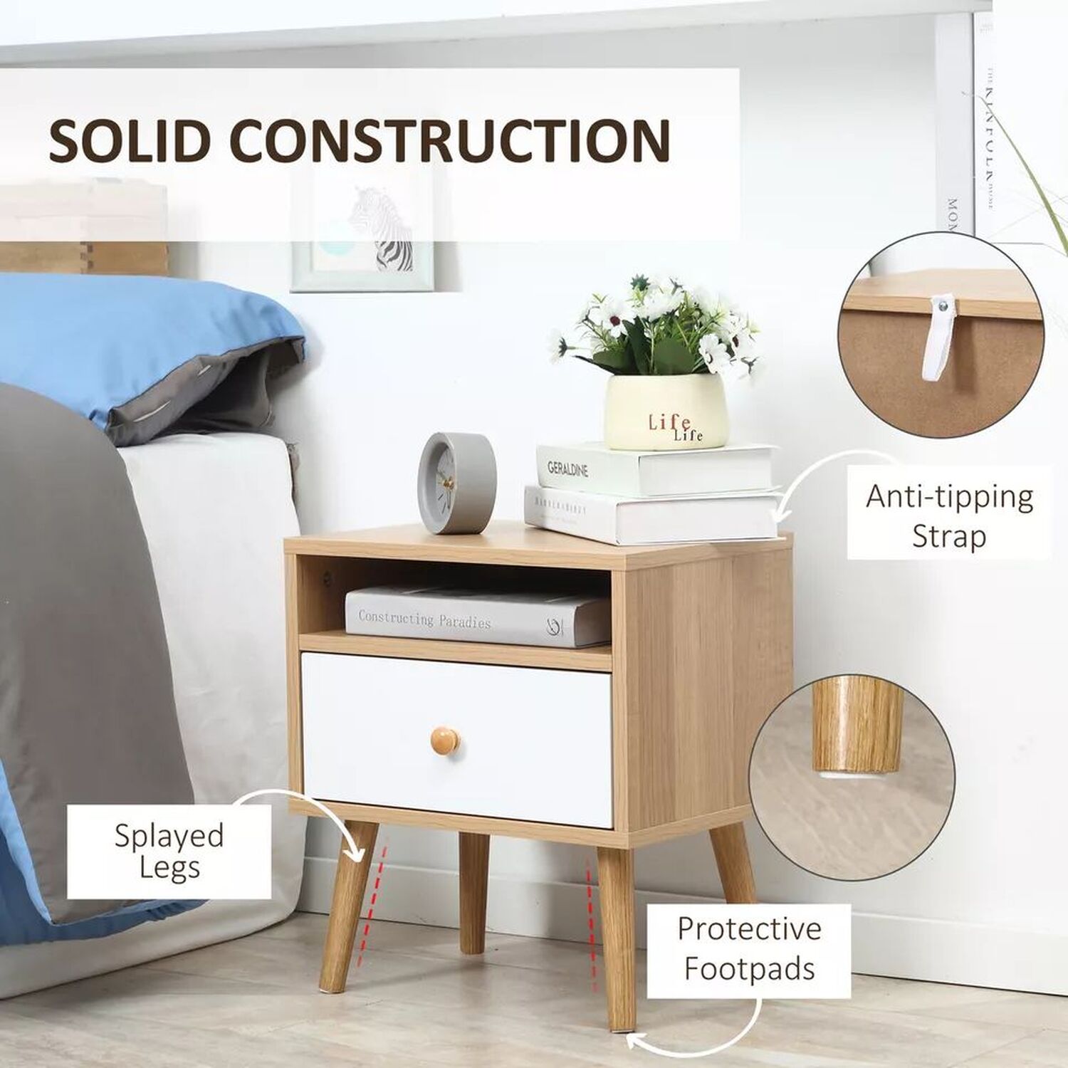 Scandi Bedside Tables Set Of 2 - Natural And White