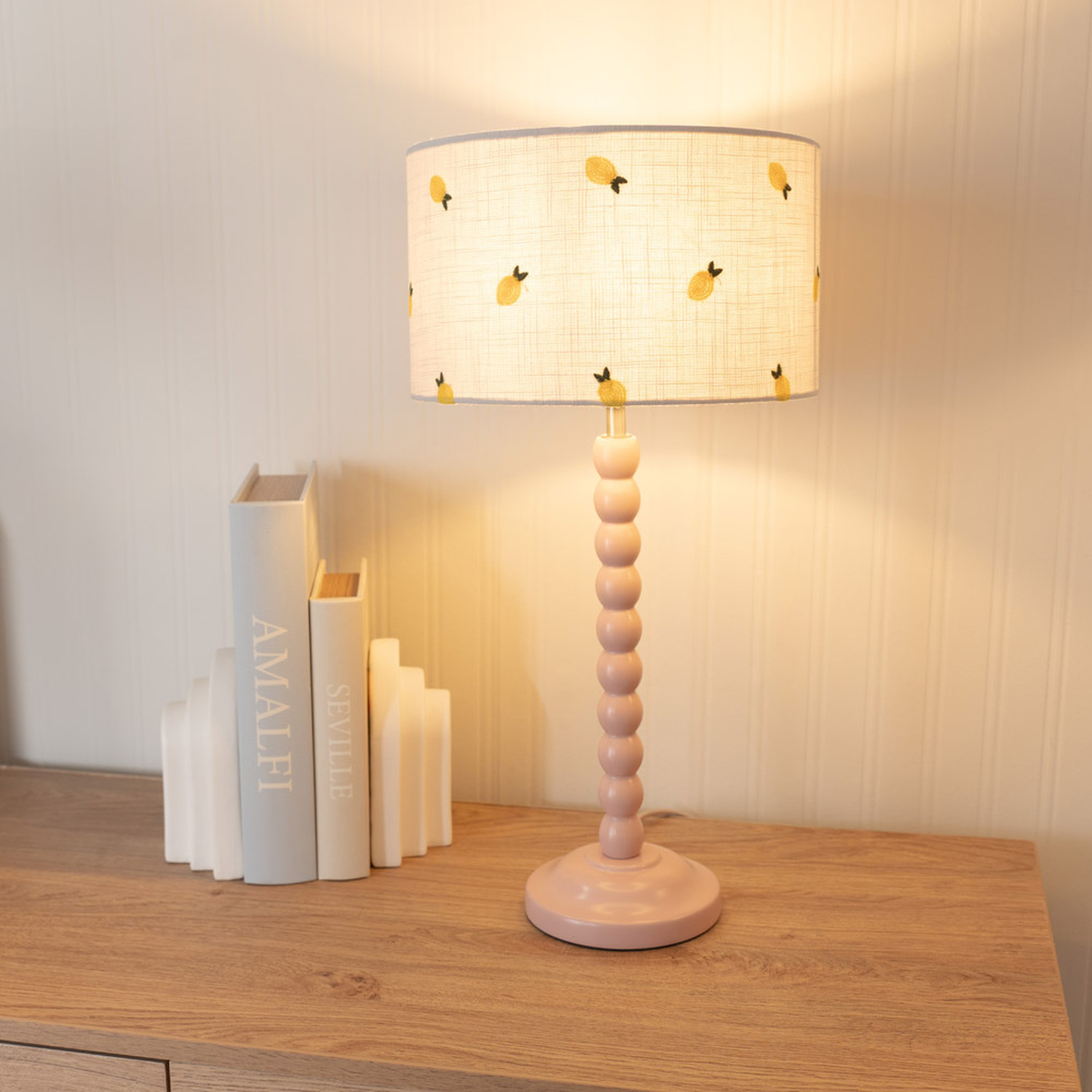 Bobbins Table Lamp With Lemon Embroidered Drum Shade - Rose Pink Bulb Included