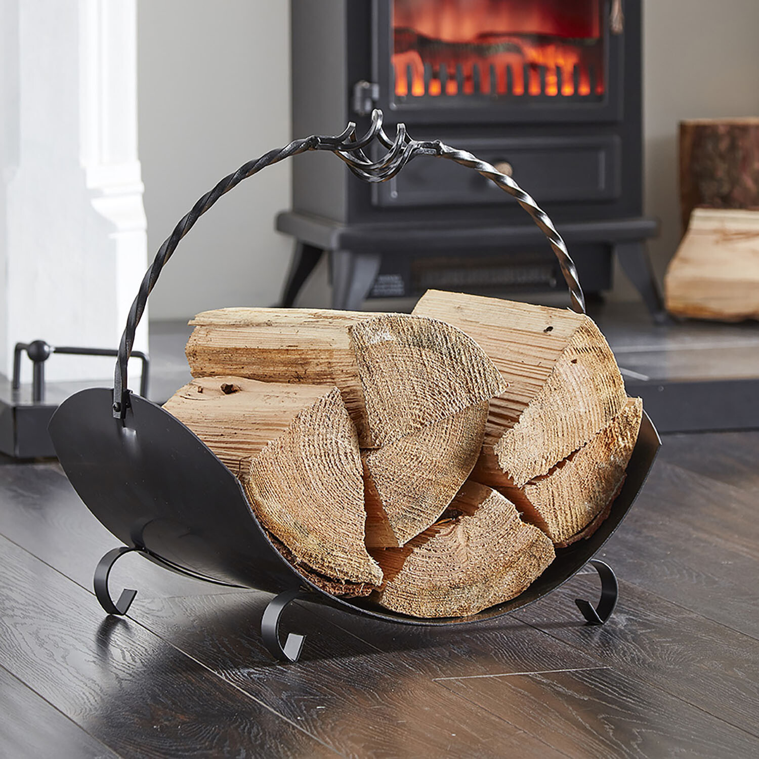 Inglenook Fireside Products Folding Log Rack With Ornate Handle - Black