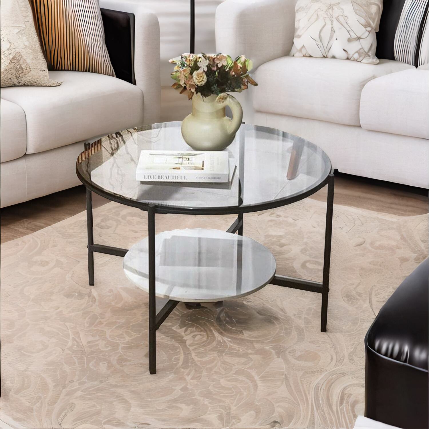 2 Tier Round Faux Marble Glass Coffee Table Heavy Duty - Black