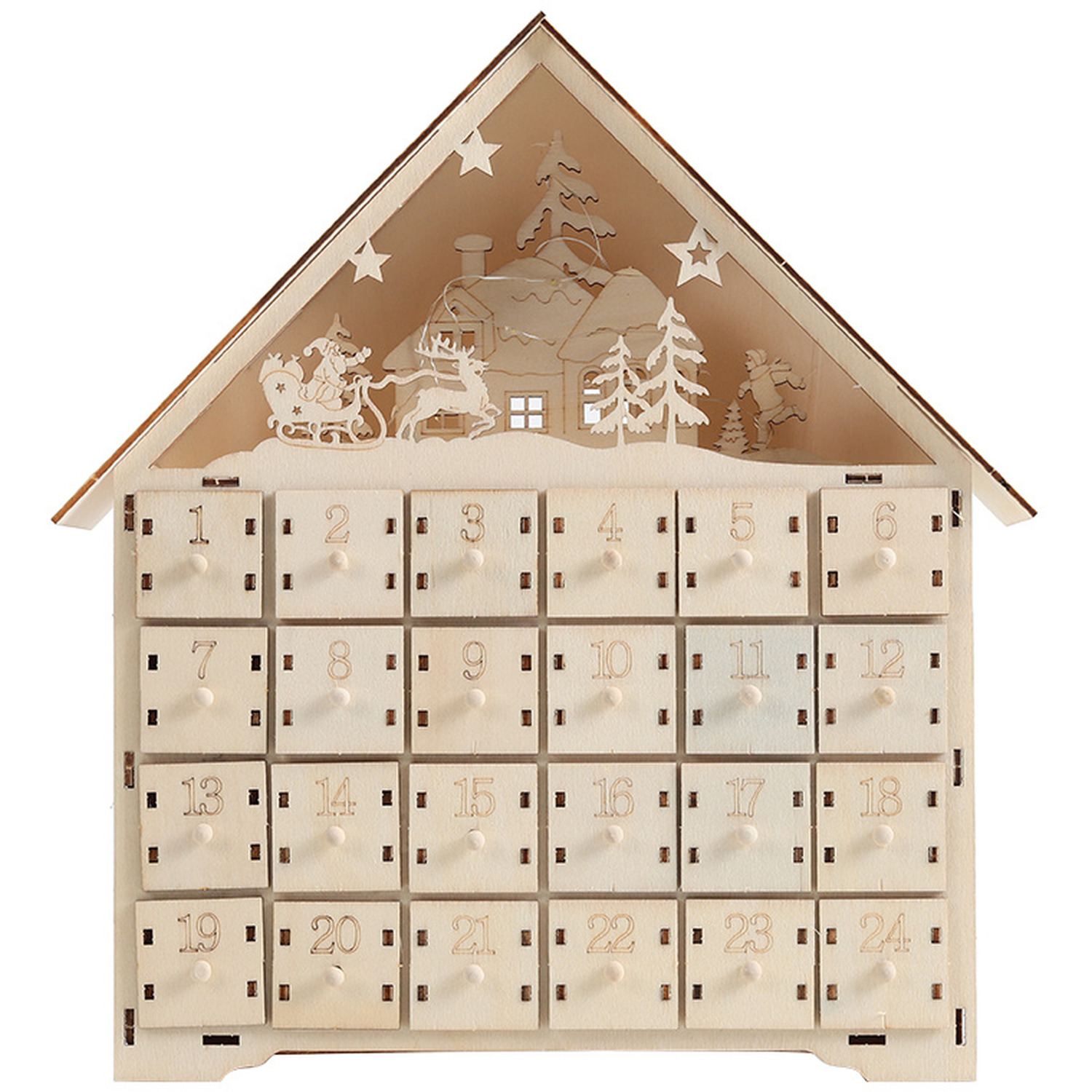 Wooden Christmas Advent Calendar with Drawers and LED Light - Wood
