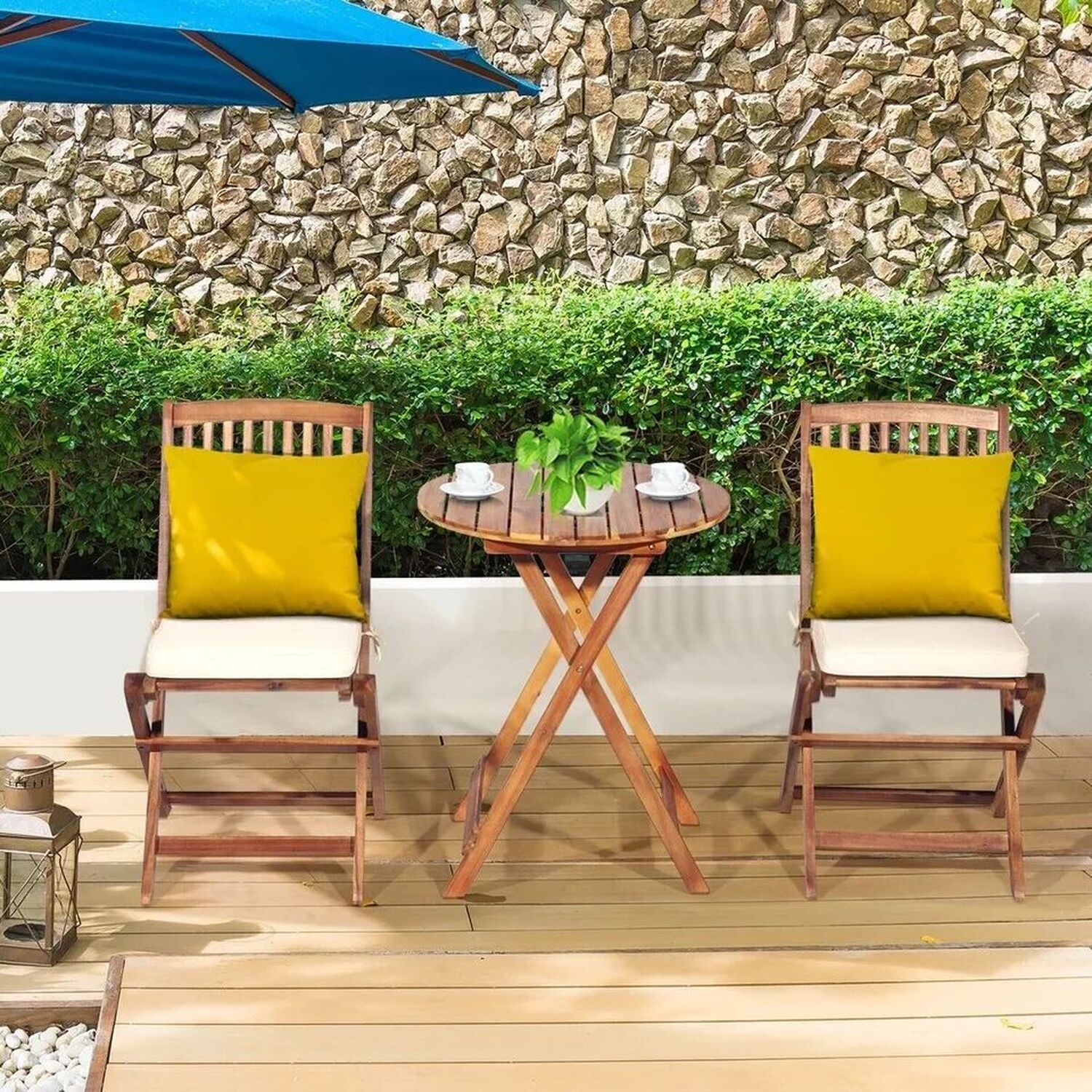 Outdoor Folding Bistro Set Garden Chair And Table Set With Cushions - Natural