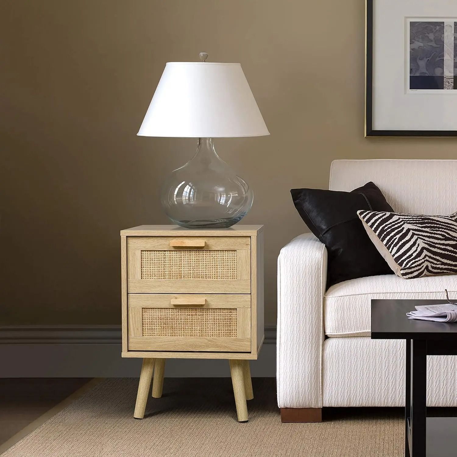 2 Handmade Rattan Bedside Tables With Decorated Drawers - Brown