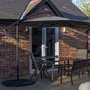 6 Person Glass Table Benches Chairs Grey Banana Parasol and Base
