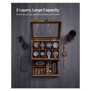 SONGMICS 2-Tier Wood Watch Box with Glass Lid