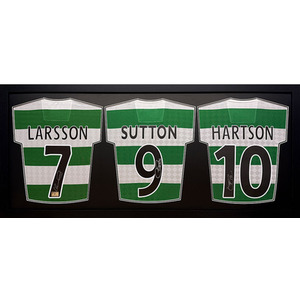 Larsson Hartson Sutton Signed and Framed Celtic Shirts Display