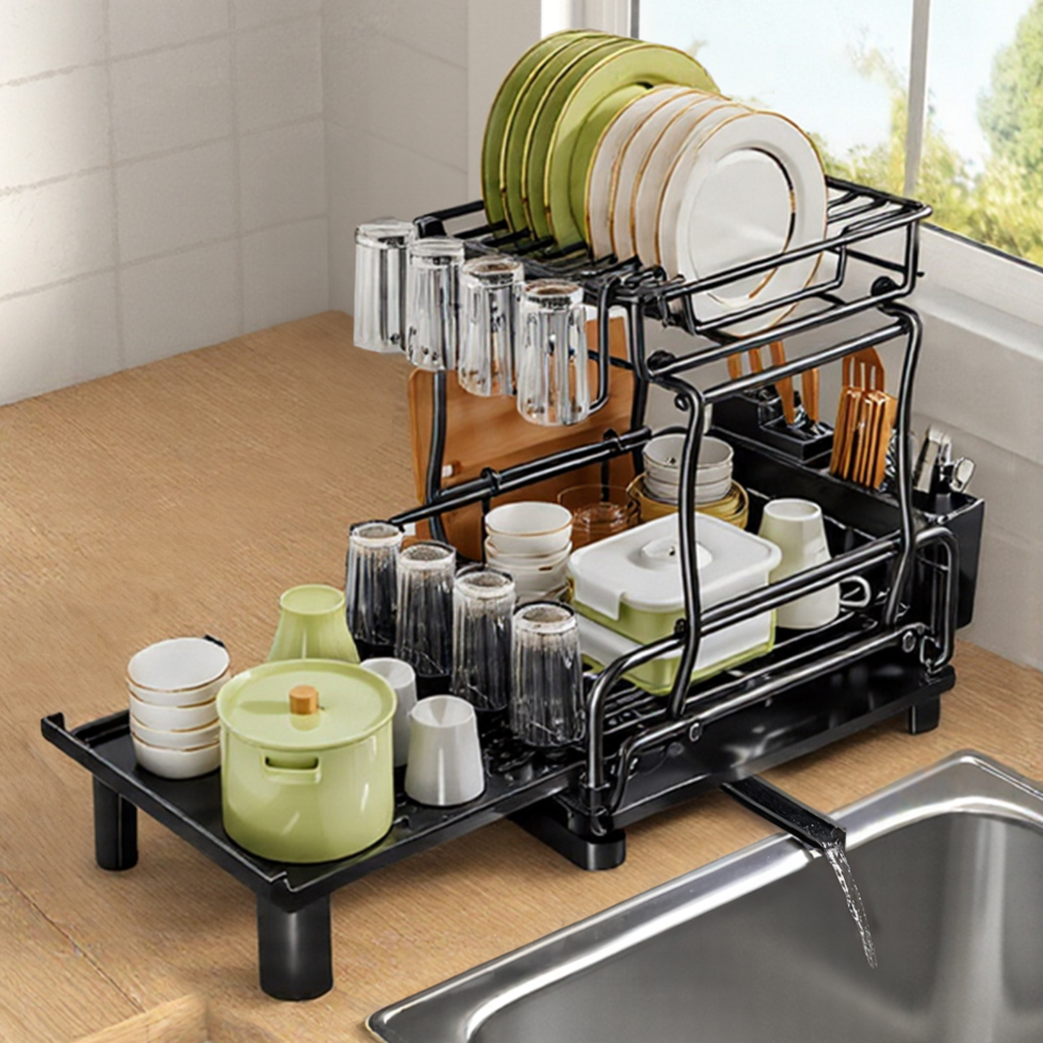 Image of Lifeideas 2-Tier Dish Drainer with Retractable&hellip;