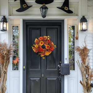 Autumn Daisy and Maple Leaf Wreath, 55cm with LED Glow
