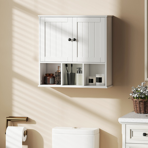 HOMCOM Farmhouse Bathroom Wall Cabinet with Shelf Open Compartments