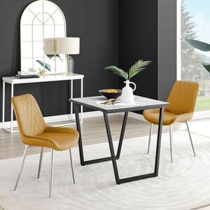 Carson White Marble Effect Square Dining Table and 2 Pesaro Silver Chairs