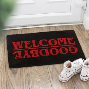 Black Welcome Goodbye Doormat with Red Text Eerie Entryway Decor
