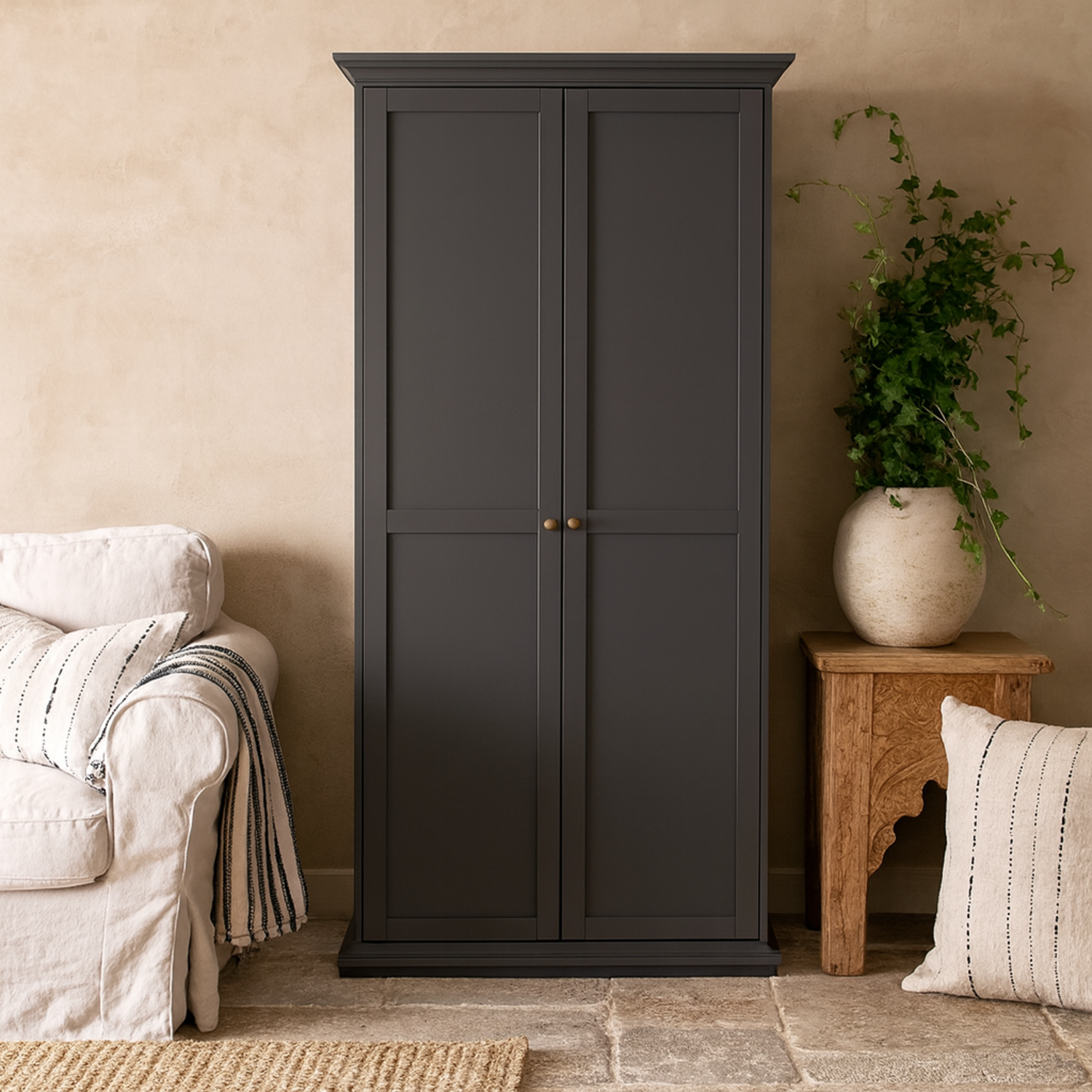 Osaka Farmhouse Dark Grey 2-door Matt Wardrobe - Grey