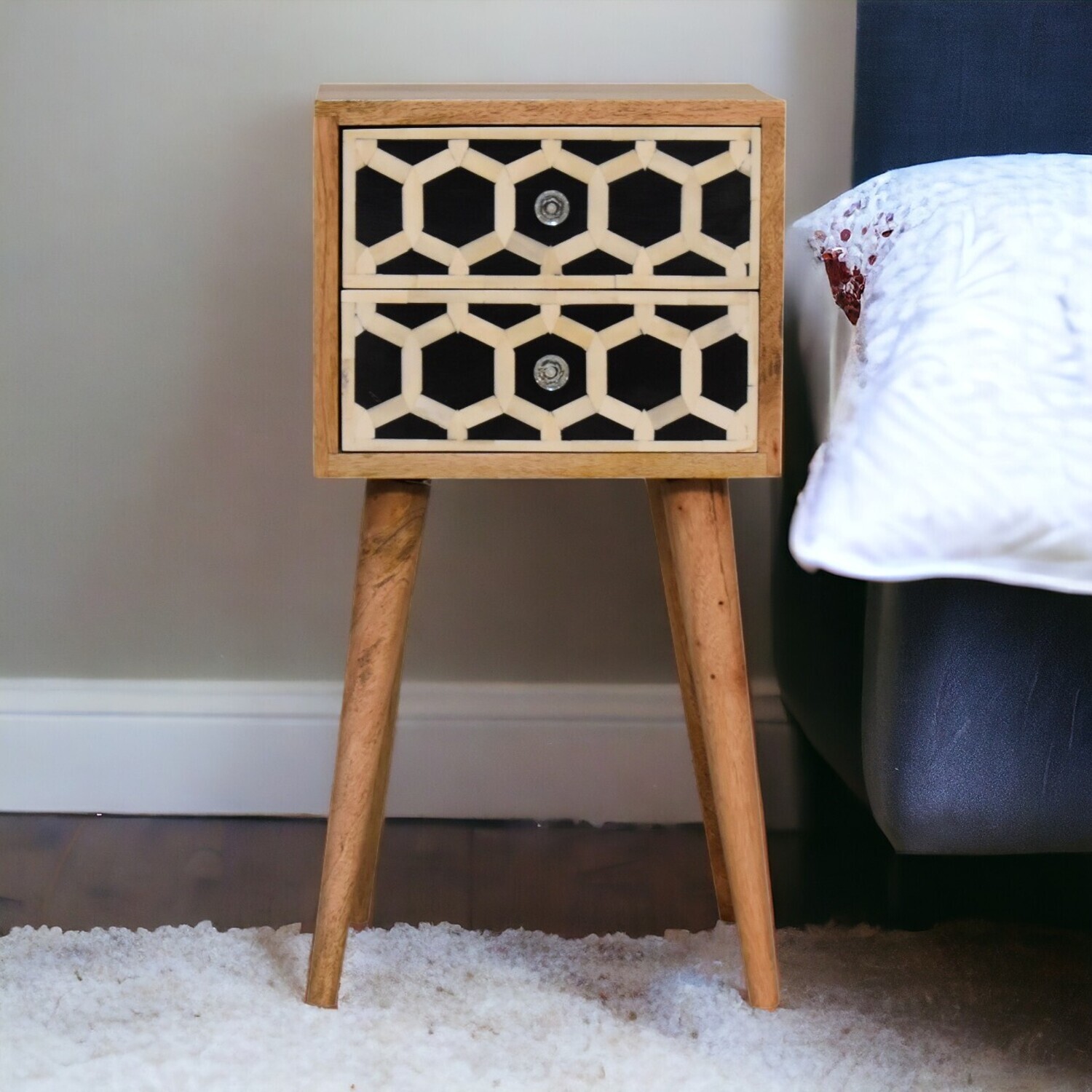 Solid Wood Mini Bone Inlay 2 Drawer Bedside - Brown
