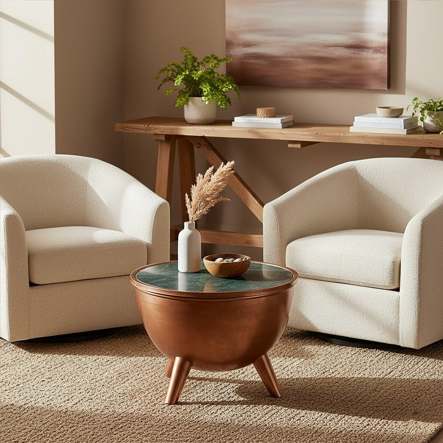 Crest Copper Bowl Shape Coffee Table with Green Marble - Brown
